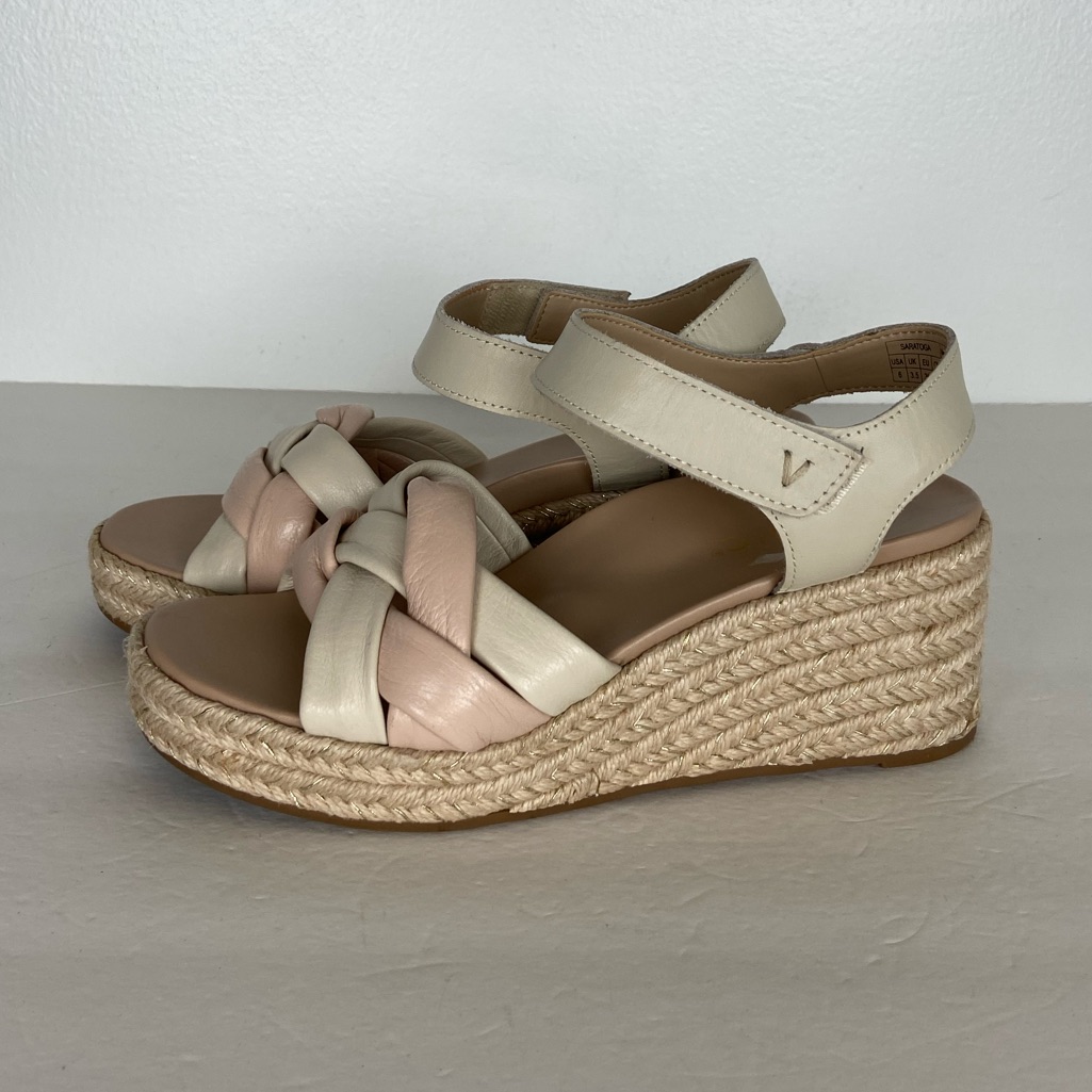 Vionic Saratoga Espadrille Wedge Sandals Size 6 Cream Rose Boho Ankle Strap